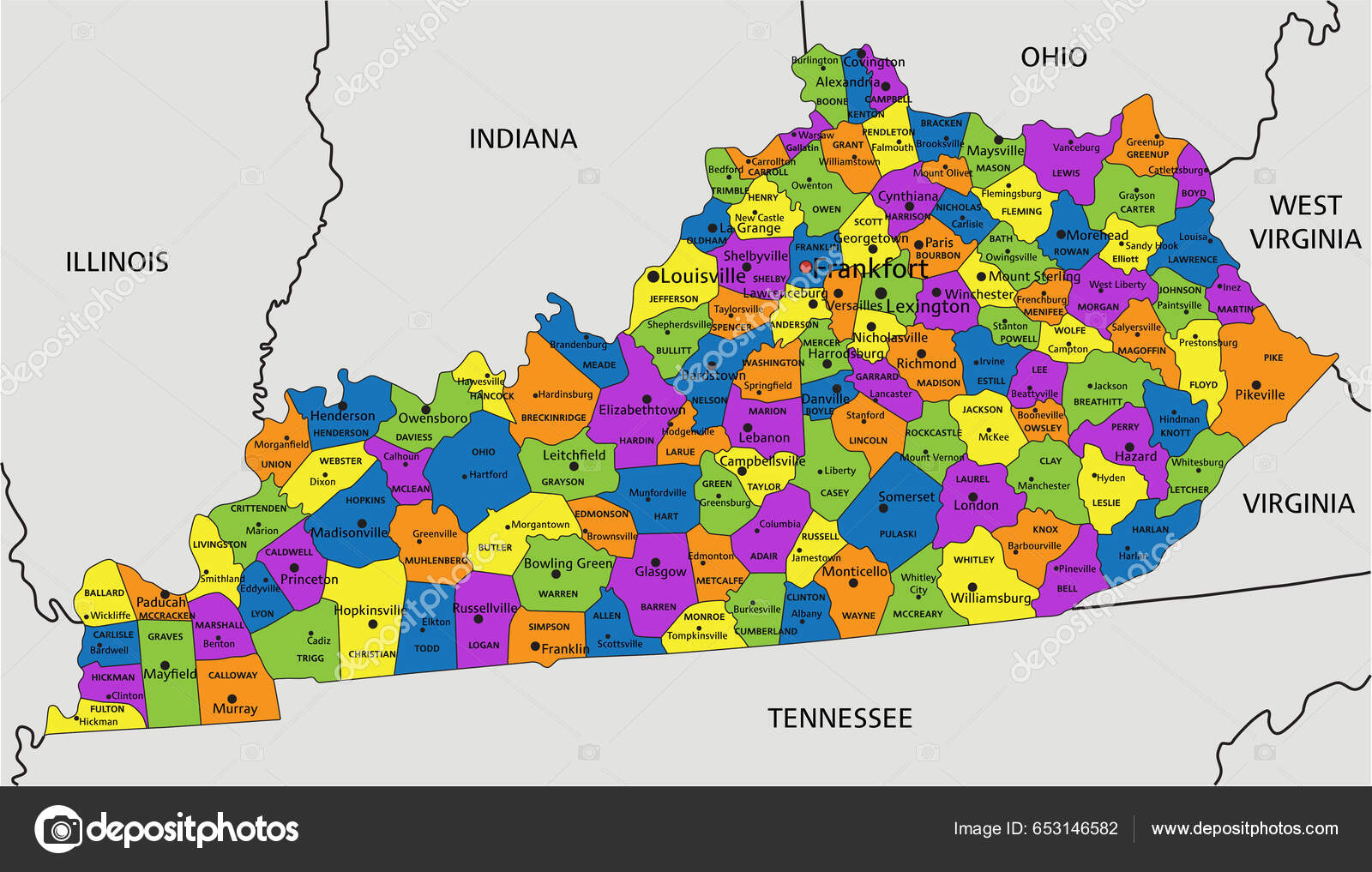 Colorido Mapa Político Kentucky Con Capas Claramente Etiquetadas Separadas Ilustración Vector De 1146