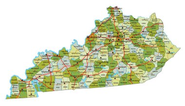 Ayrık katmanlı, son derece detaylı politik harita. Kentucky.