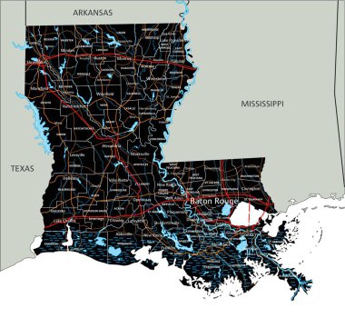 Etiketli yüksek detaylı Louisiana yol haritası.