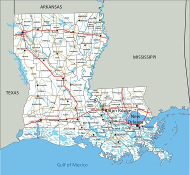 Etiketli yüksek detaylı Louisiana yol haritası.