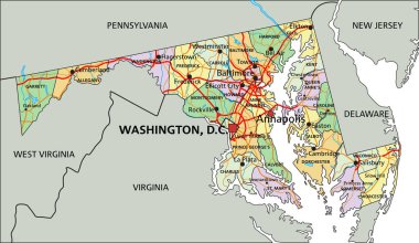 Maryland - Etiketli son derece detaylı düzenlenebilir siyasi harita.