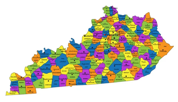 Colorido Mapa Político Kentucky Con Capas Claramente Etiquetadas Separadas Ilustración — Vector de stock