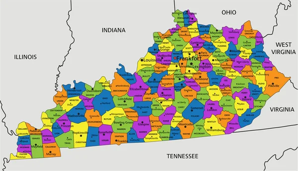 Farbenfrohe Politische Landkarte Von Kentucky Mit Klar Beschrifteten Getrennten Ebenen — Stockvektor
