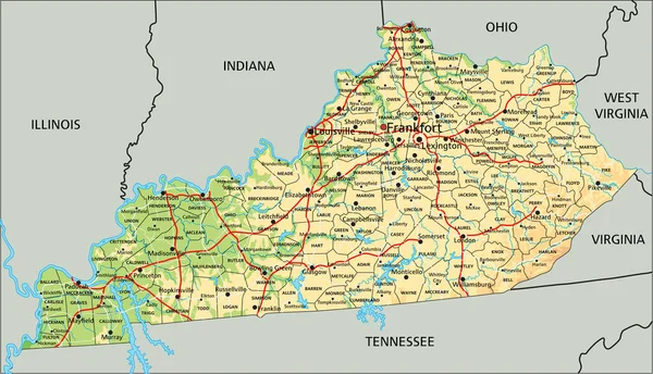 Mapa Físico Detalhado Kentucky Com Rotulagem — Vetor de Stock