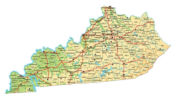 Hoch Detaillierte Kentucky Physische Karte Mit Beschriftung — Stockvektor