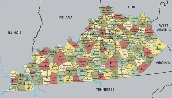ケンタッキー州 詳細な編集可能な政治地図 — ストックベクタ