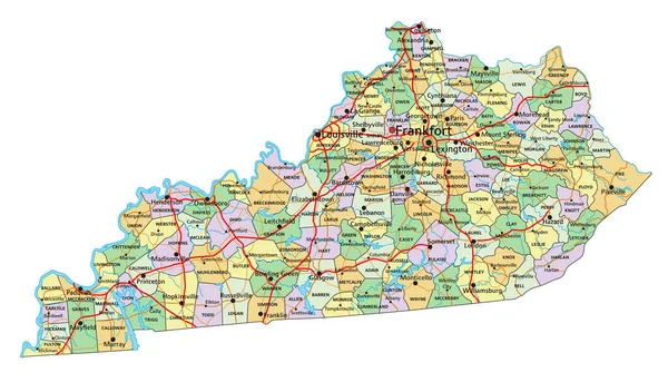 Kentucky Mapa Político Editável Altamente Detalhado — Vetor de Stock