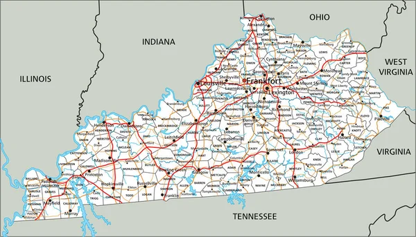 Hoch Detaillierte Kentucky Roadmap Mit Beschriftung — Stockvektor