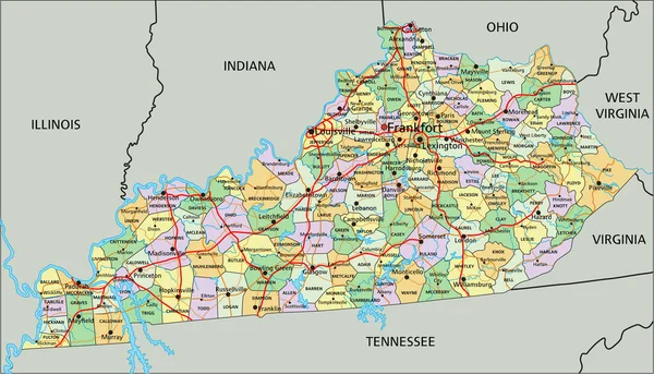 ケンタッキー州 詳細な編集可能な政治地図 — ストックベクタ