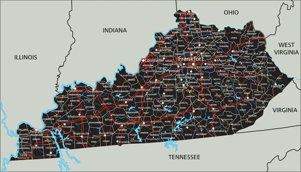 Hoch Detaillierte Kentucky Roadmap Mit Beschriftung — Stockvektor