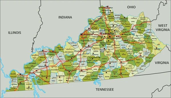 独立したレイヤーを持つ非常に詳細な編集可能な政治マップ ケンタッキー州 — ストックベクタ
