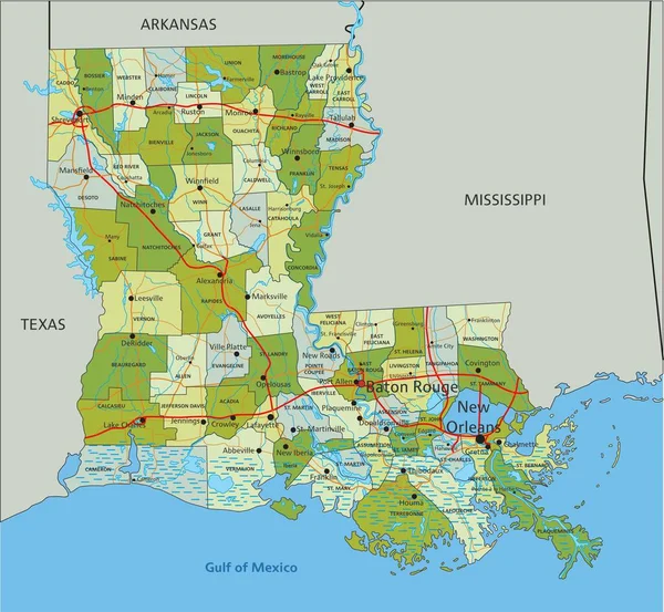 独立したレイヤーを持つ非常に詳細な編集可能な政治マップ ルイジアナ州 — ストックベクタ