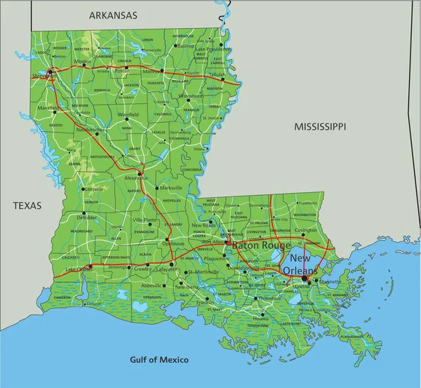ラベル付きの詳細なルイジアナ州の物理地図 — ストックベクタ