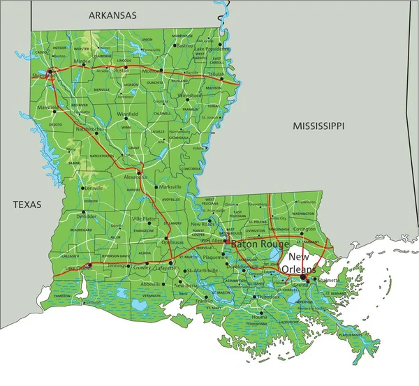 ラベル付きの詳細なルイジアナ州の物理地図 — ストックベクタ