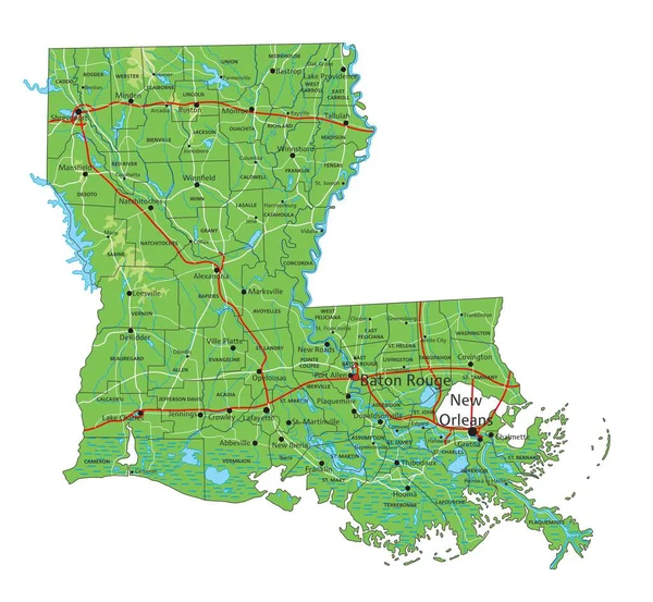 Hög Detaljerad Louisiana Fysisk Karta Med Märkning — Stock vektor