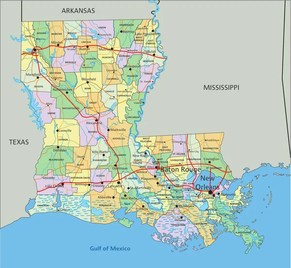 ルイジアナ州 ラベル付きの非常に詳細な編集可能な政治地図 — ストックベクタ