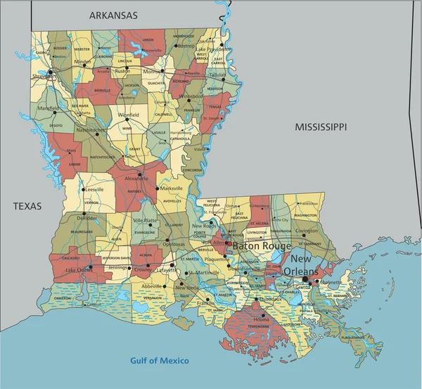 Louisiana Εξαιρετικά Λεπτομερής Επεξεργάσιμος Πολιτικός Χάρτης Σήμανση — Διανυσματικό Αρχείο