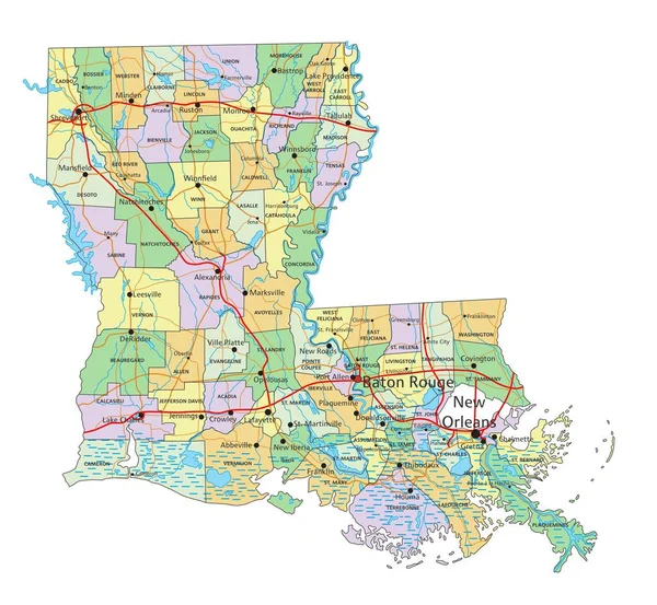 Louisiana Mycket Detaljerad Redigerbar Politisk Karta Med Märkning — Stock vektor