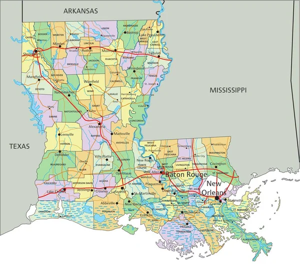 ルイジアナ州 ラベル付きの非常に詳細な編集可能な政治地図 — ストックベクタ