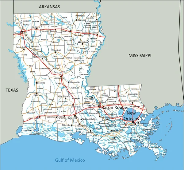 ラベル付きの詳細なルイジアナ州の道路地図 — ストックベクタ