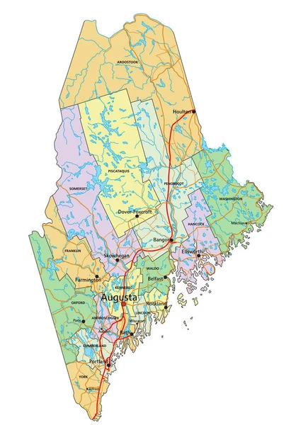 Maine Mycket Detaljerad Redigerbar Politisk Karta Med Märkning — Stock vektor