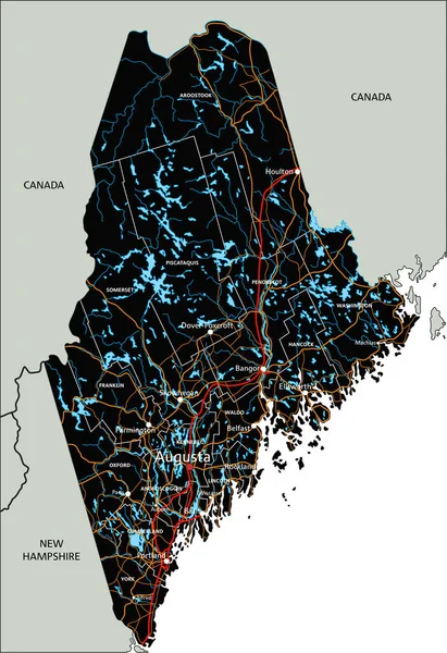 Mapa Estrada Detalhado Alto Maine Com Rotulagem —  Vetores de Stock