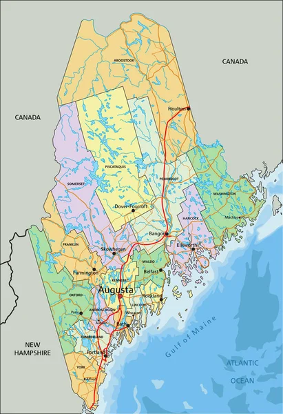 Maine Vysoce Podrobná Upravitelná Politická Mapa Označením — Stockový vektor
