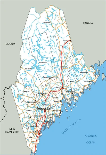 Etiketli Yüksek Detaylı Maine Yol Haritası — Stok Vektör