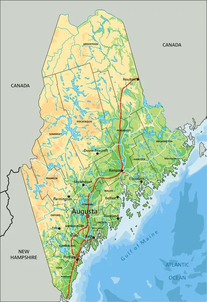 Alto Mapa Físico Detallado Maine Con Etiquetado — Vector de stock