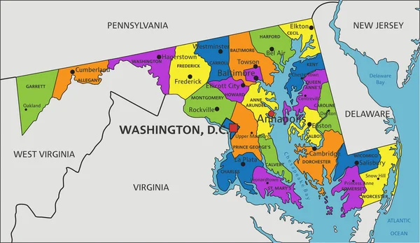 Färgglad Maryland Politisk Karta Med Tydligt Märkta Separerade Lager Vektorillustration — Stock vektor