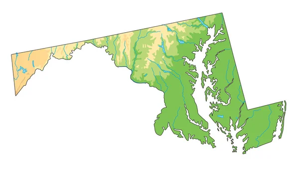 Hög Detaljerad Fysisk Karta Över Maryland — Stock vektor