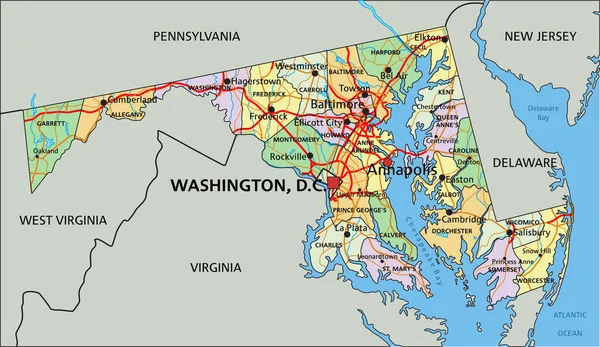 Maryland Etiketli Son Derece Detaylı Düzenlenebilir Siyasi Harita — Stok Vektör