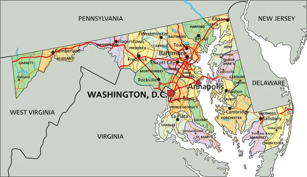 Maryland Mapa Político Editável Altamente Detalhado Com Rotulagem — Vetor de Stock