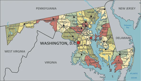 Maryland Mycket Detaljerad Redigerbar Politisk Karta Med Märkning — Stock vektor