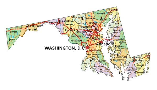 Maryland Hochdetaillierte Editierbare Politische Landkarte Mit Beschriftung — Stockvektor