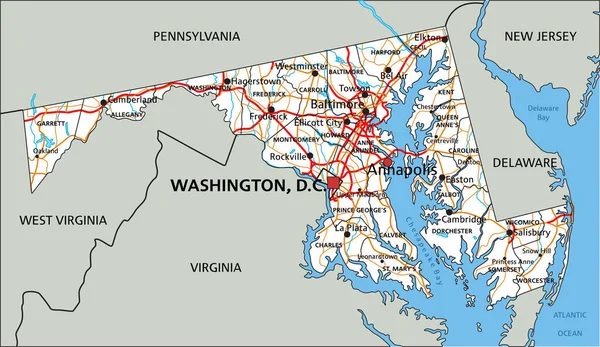 Etiketli Yüksek Detaylı Maryland Yol Haritası — Stok Vektör