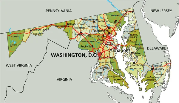 Mycket Detaljerad Redigerbar Politisk Karta Med Separerade Lager Maryland — Stock vektor