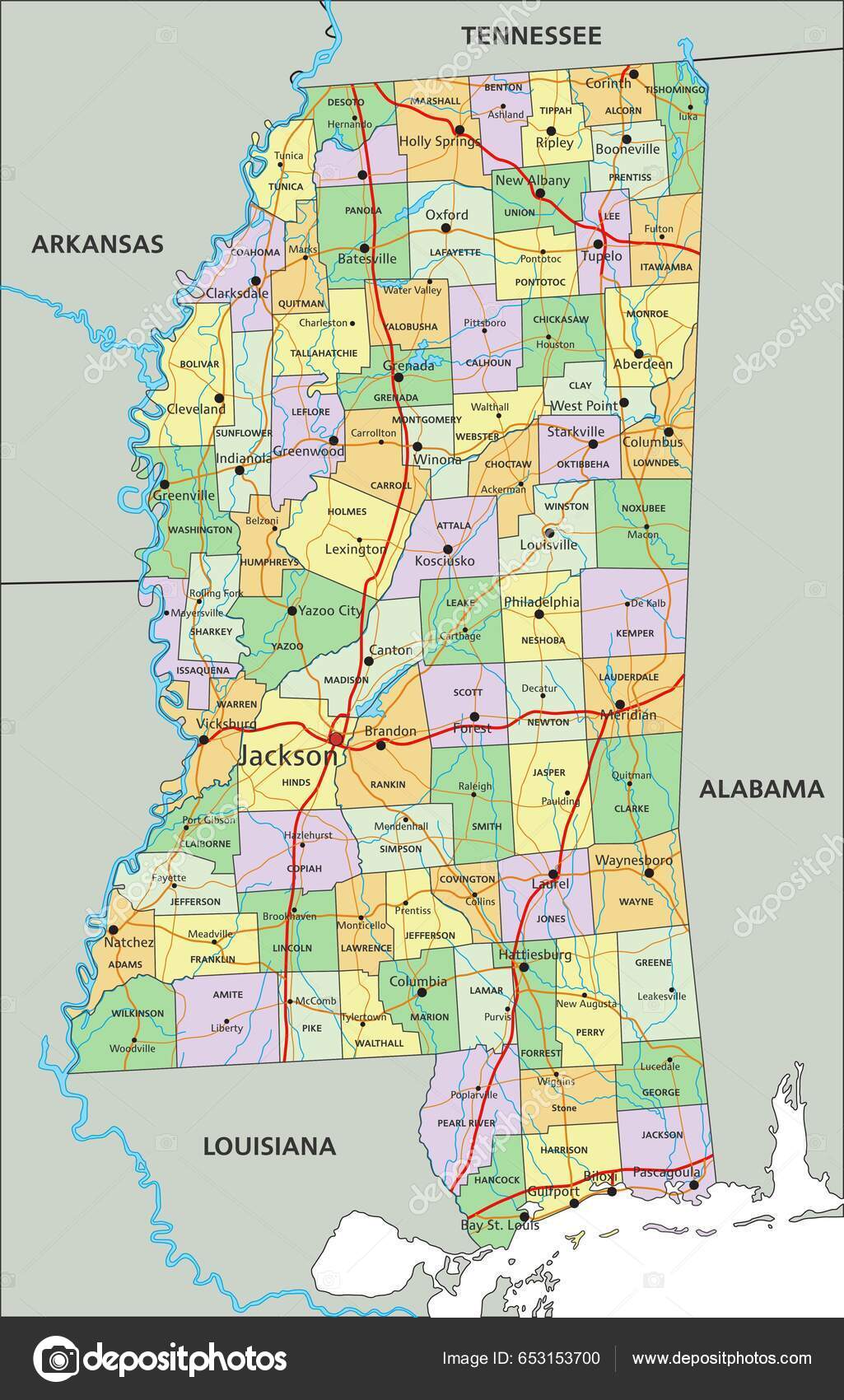 ミシシッピ州 ラベル付きの非常に詳細な編集可能な政治地図 ストックベクター ©delpieroo 653153700