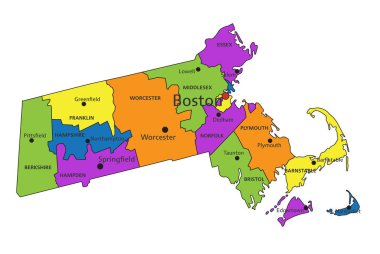 Colorful Massachusetts political map with clearly labeled, separated layers. Vector illustration. clipart
