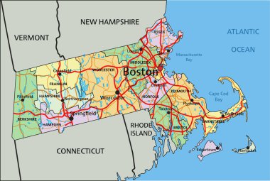 Massachusetts - Çok detaylı düzenlenebilir politik harita.