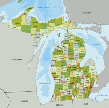 Ayrık katmanlı, son derece detaylı politik harita. Michigan.