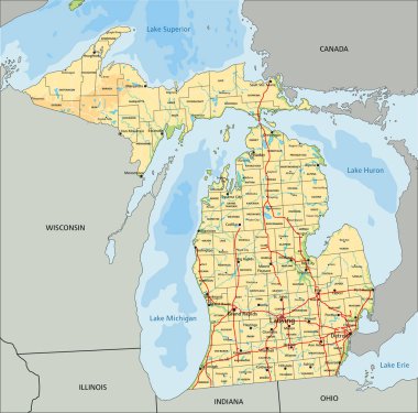 Etiketli yüksek detaylı Michigan fiziksel haritası.