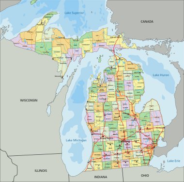 Michigan - Etiketleme ile son derece ayrıntılı düzenlenebilir siyasi harita.