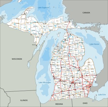 Etiketli yüksek detaylı Michigan yol haritası.