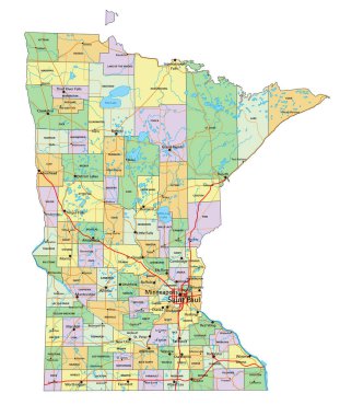 Minnesota - Etiketleme ile son derece ayrıntılı düzenlenebilir siyasi harita.