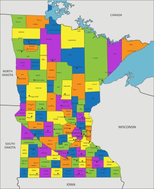 Renkli Minnesota politik haritası açık bir şekilde etiketlenmiş, ayrı katmanlarla ayrılmış. Vektör illüstrasyonu.