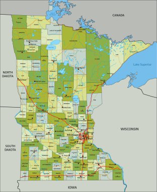 Ayrık katmanlı, son derece detaylı politik harita. Minnesota.
