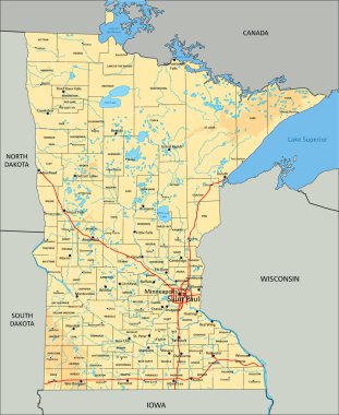 Etiketli yüksek detaylı Minnesota fiziksel haritası.
