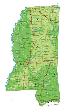Etiketli yüksek detaylı Mississippi fiziksel haritası.
