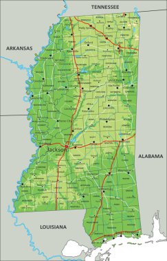 Etiketli yüksek detaylı Mississippi fiziksel haritası.